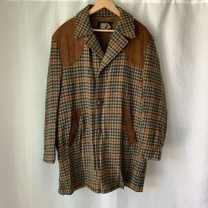 VTG Robert Lewis Hunting Jacket 46 Houndstooth Plaid Wool & Brown Suede Shoulder